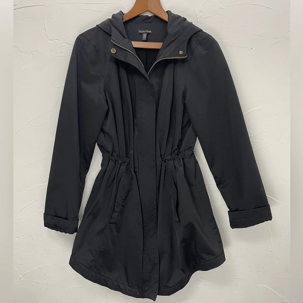 Eileen Fisher Black Organic Cotton Nylon Hooded Jacket - Picture 8 of 16